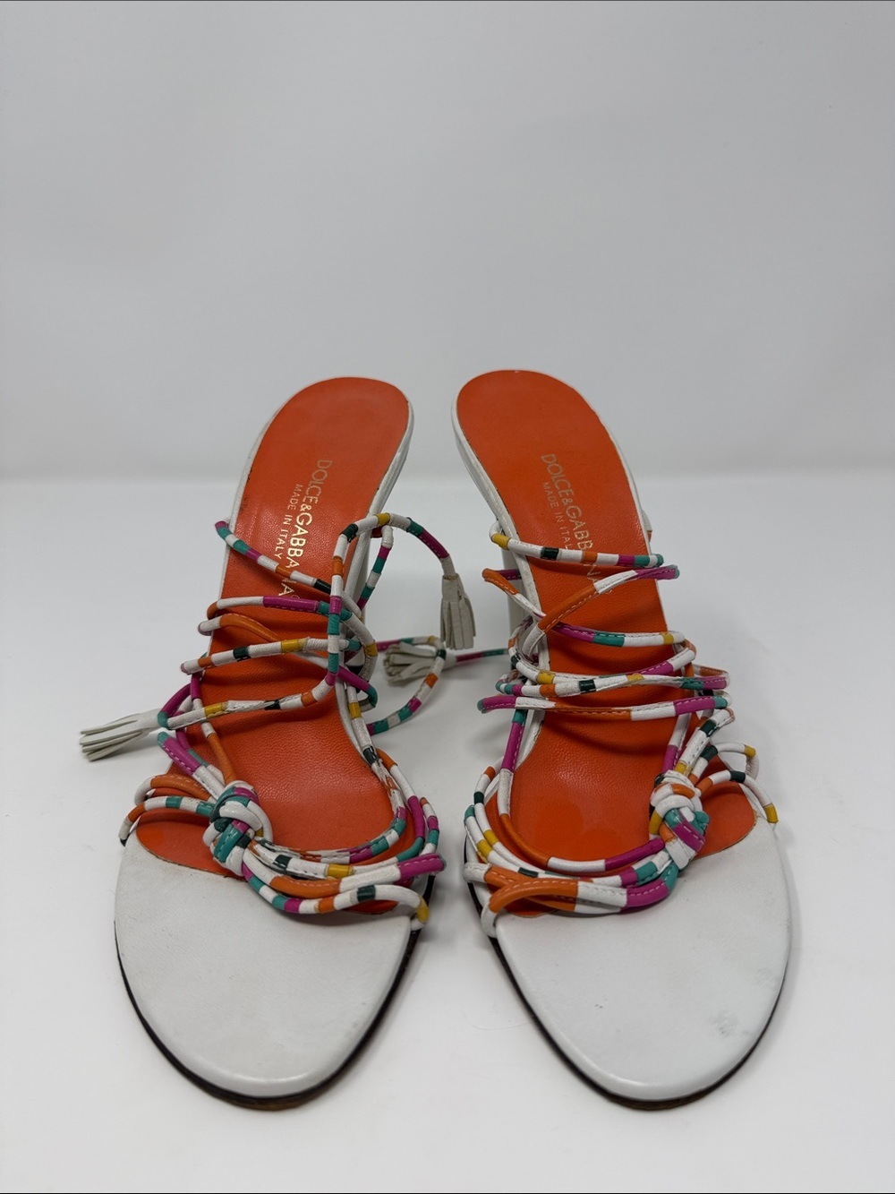 Dolce & Gabbana White Sandals with Orange Insole and Multicolor Braided Straps